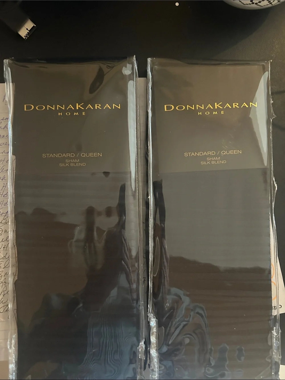 Donna Karan Home Standard/Queen Shams in Dark Brown with Gold Logo